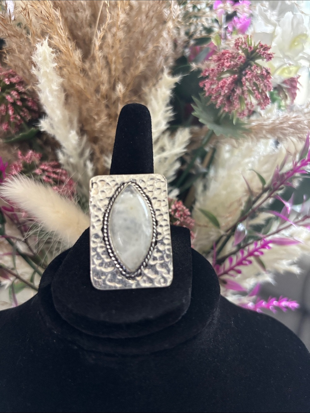 Sterling Silver Hammered Rectangular Rainbow Moonstone Ring Size 9